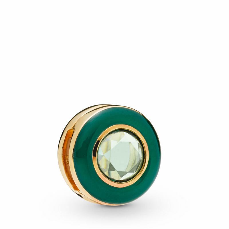 Pandora Reflexions™ Radiant Circle Clip Charm Ireland - 18ct Gold Plated/Enamel/Green/Crystal - 8146